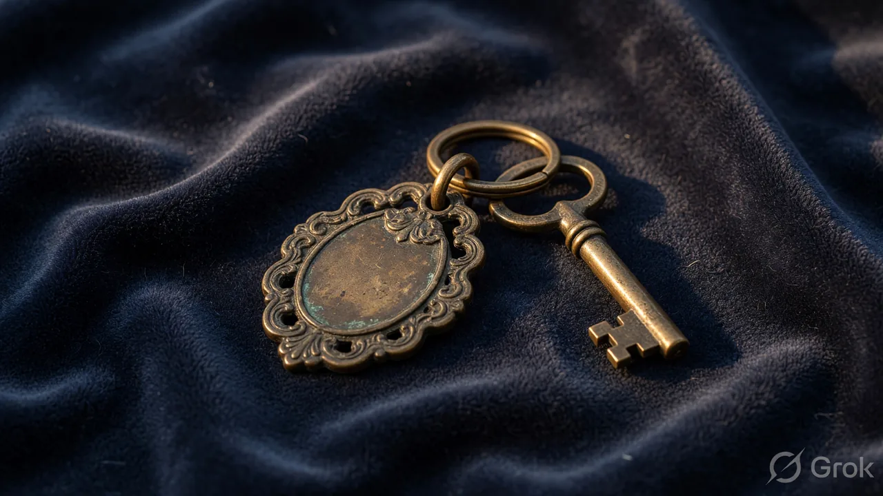 An antique brass key-fob signet resting on a navy velvet cushion